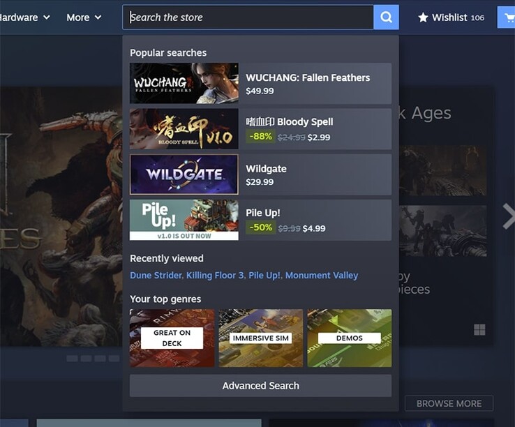 La nuova funzione di ricerca ora mostra anche le query di ricerca popolari degli altri utenti. (Fonte: Steam)