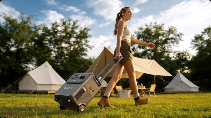 Il manico telescopico e le ruote rendono facile il trasporto di Bluetti Elite 400.