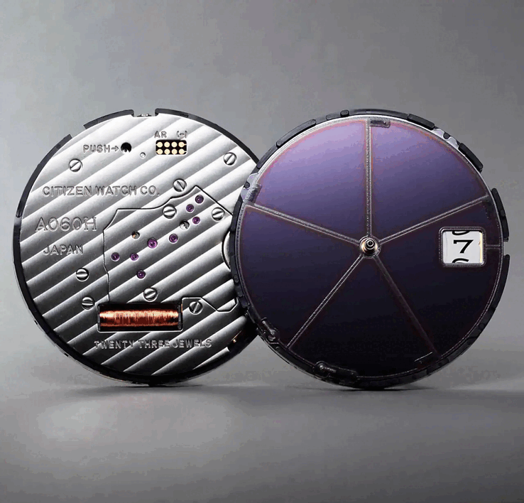 Alimentato dal movimento ad alta precisione Calibro A060 Eco-Drive di Citizen.