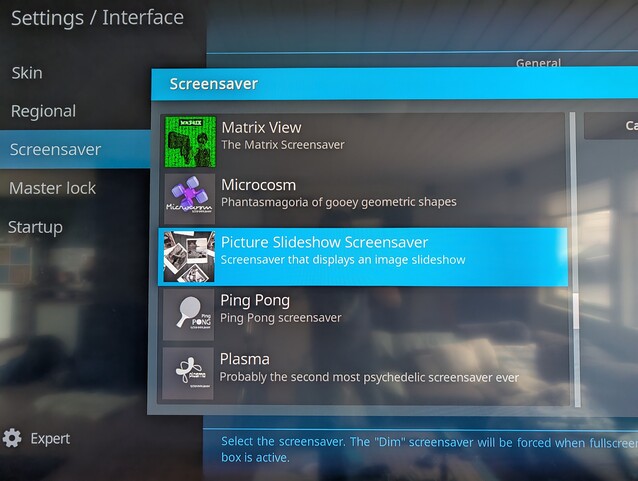 Kodi è un modo semplice per impostare uno screensaver di immagini sul suo televisore Android, ma deve mantenerlo in funzione affinché lo screensaver si attivi (Fonte: Notebookcheck)
