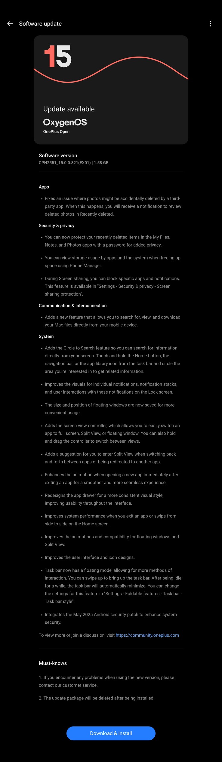 Il changelog completo della OxygenOS 15.0.0.821. (Fonte: OnePlus)