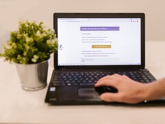 Un computer portatile su una scrivania con la posta in arrivo aperta, accanto a una pianta in vaso.