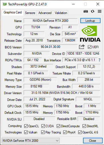 Profilo hardware della GTX 2080. (Fonte: ascandence22 su Reddit)