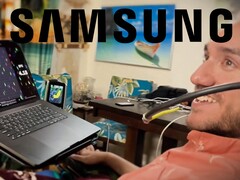 Paziente Neuralink che utilizza un'interfaccia cervello-computer (BCI), con il logo Samsung in alto.