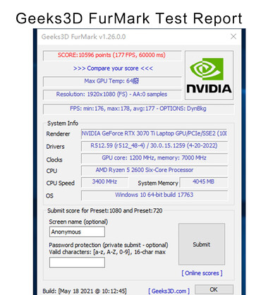 gPU 51Risc RTX 3070 TiM - Rapporto di test FurMark. (Fonte immagine: Aliexpress)