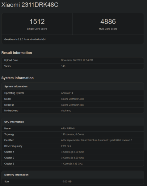 Punteggio Geekbench di Dimensity 8300 (immagine via Geekbench)