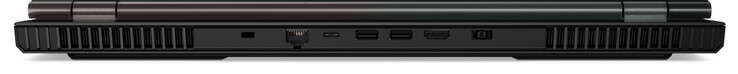 Lato posteriore: slot per un cable lock, Gigabit Ethernet, USB 3.2 Gen 1 (Type-C, DisplayPort), 2x USB 3.2 Gen 1 (Type-A), HDMI 2.0, alimentazione