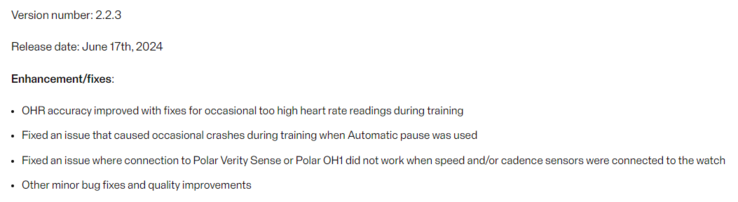 Le note di rilascio della versione firmware 2.2.3. (Fonte immagine: Polar)