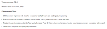 Le note di rilascio della versione firmware 2.2.3. (Fonte immagine: Polar)