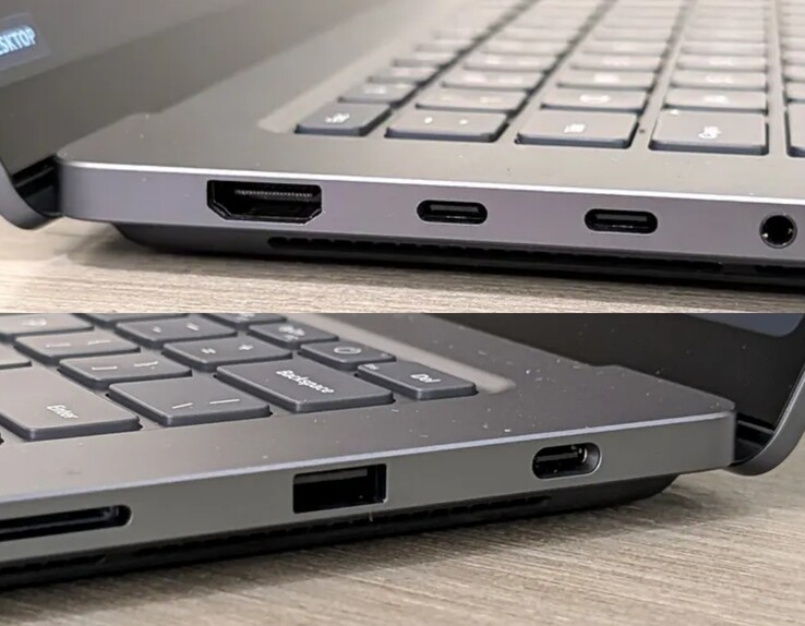 La porta USB-C sul lato destro del Surface Laptop Ultra è visibilmente più grande delle porte USB-C sul lato sinistro.