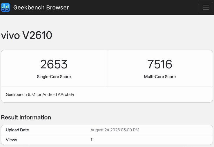 Le versioni tecniche del Vivo X500 Pro Max presenti nella scheda Geekbench