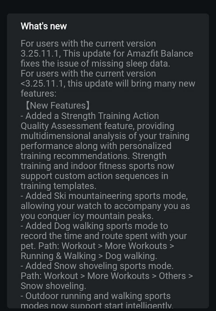 Il registro delle modifiche della versione software 3.25.12.3 per lo smartwatch Amazfit Balance. (Fonte immagine: u/SabretoothPenguin via Reddit)
