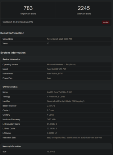 Intel Core Ultra 5 332 Geekbench (fonte: Geekbench)