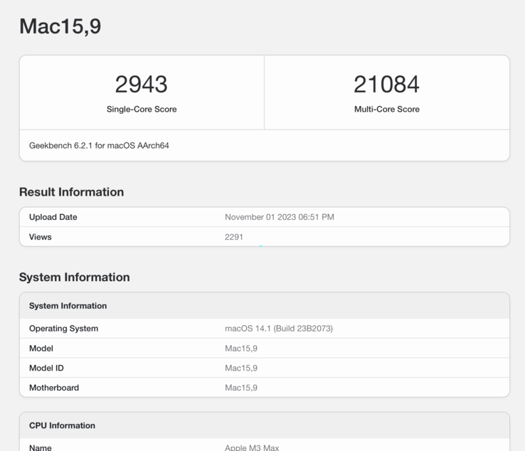 Applem3 Max si comporta in modo ammirevole nel benchmark Geekbench 6. (Fonte: Geekbench 6) (Fonte : Geekbench 6)