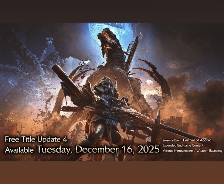 L'immagine promozionale di Monster Hunter Wilds evidenzia il Free Title Update 4 in uscita il 16 dicembre 2025, con l'evento Festival of Accord e altri aggiornamenti (Fonte: Capcom)
