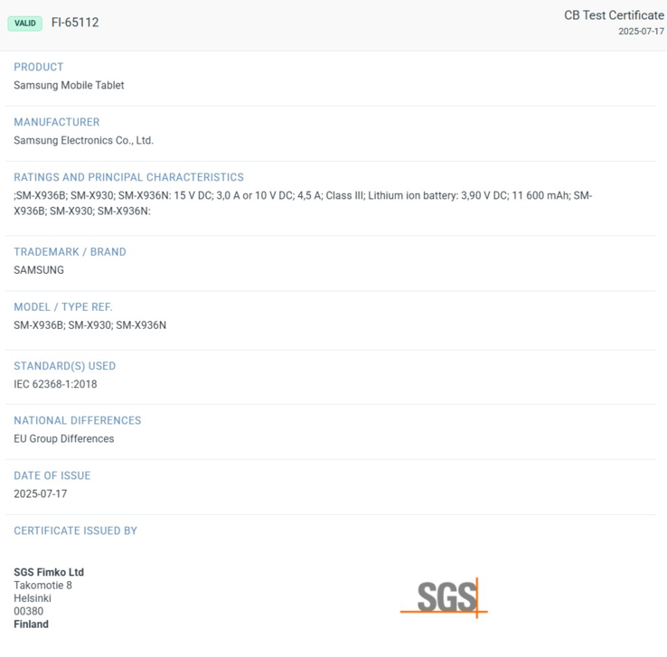 SGS Fimko certifica che il tablet di punta di prossima generazione di Samsung utilizzerà specifiche di batteria e di ricarica sostanzialmente invariate. (Fonte: SGS Fimko via XpertPick)