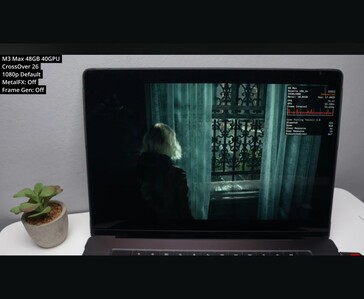 Resident Evil Requiem in esecuzione su MacBook Pro M3 Max tramite CrossOver 26 con impostazioni predefinite a 1080p mostra circa 73 FPS in una scena al chiuso.
