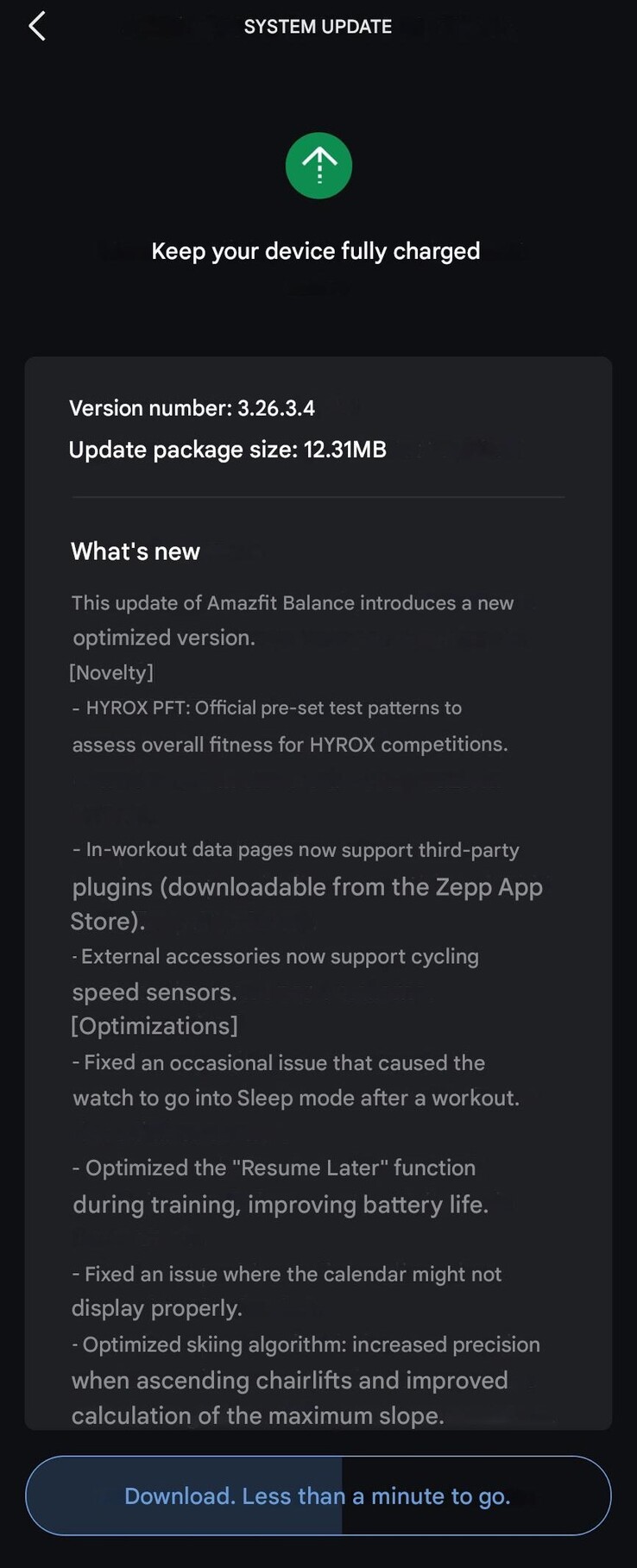 Le note di rilascio della versione 3.26.3.4 per lo smartwatch Amazfit Balance. (Fonte immagine: u/SensitiveClock3479 via Reddit, traduzione automatica)
