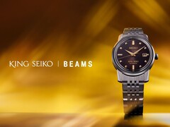 L'orologio King Seiko x Beams SDKA025, raffigurato su uno sfondo giallo-arancio stilizzato. (Fonte: PR Times JP)
