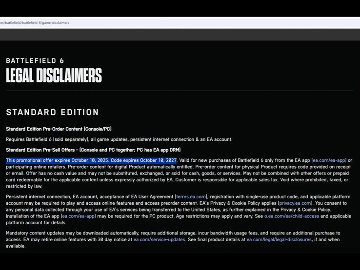 Pagina delle clausole legali di Battlefield 6 Standard Edition che mostra la data di fine della promozione per il pre-ordine. (Fonte: Eurogamer)