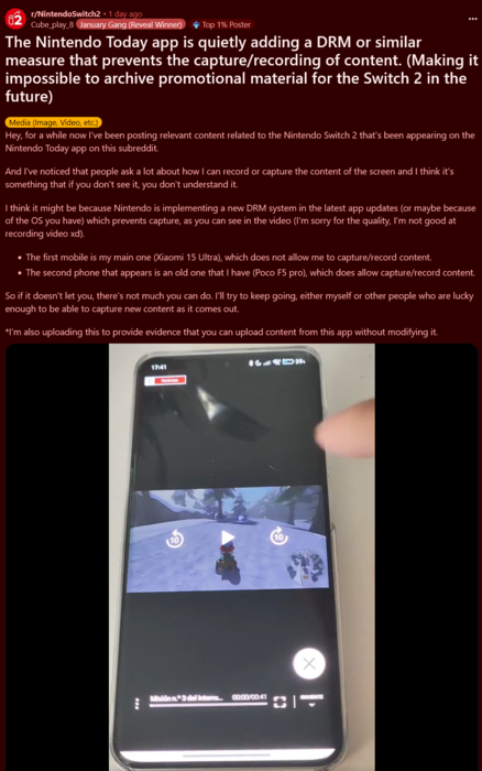Restrizioni DRM dell'app Nintendo Today! (Fonte immagine: screenshot, subreddit Nintendo Switch 2)