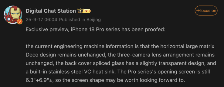 Dettagli trapelati dell'iPhone 18 Pro. (Fonte immagine: Weibo - traduzione automatica)