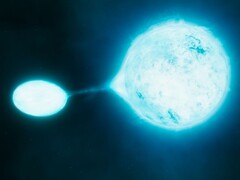 Un'illustrazione che mostra una stella di neutroni e un'altra stella.