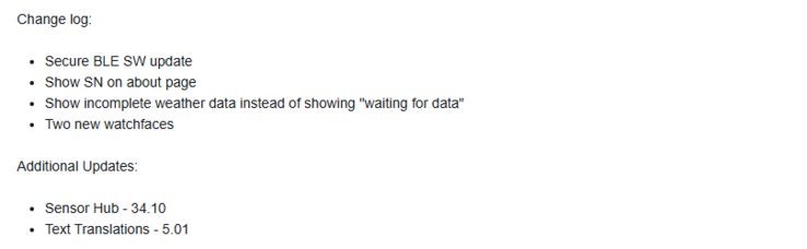 Le note di rilascio della versione beta 5.01 per il Garmin Lily 2 Active. (Fonte: Garmin)