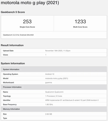 IL Moto G Play (2021) su Geekbench ha un processore Qualcomm... (Fonte: Geekbench)
