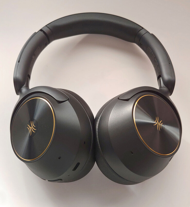 Un microfono a cancellazione di rumore si trova su ciascun padiglione auricolare, mentre un microfono per le chiamate si trova vicino alla porta USB-C. (Fonte: Notebookcheck)