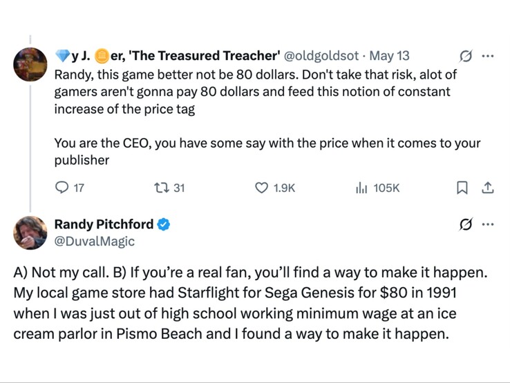 La risposta di Randy Pitchford al commento di un fan sul prezzo di Borderlands 4. (Fonte: Randy Pitchford su X)
