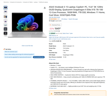 L'annuncio di Asus Vivovook S 15 su Amazon con lo stesso avviso (fonte: Amazon)