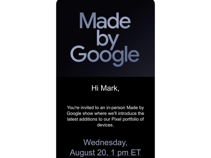 Invito all'evento Made by Google inviato a Mark Gurman. (Fonte immagine: Mark Gurman su X)