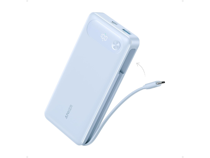 La banca di energia Anker (20K, 87W, cavo USB-C integrato) in blu nebbioso