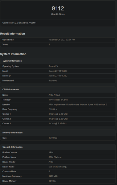 MediaTek Dimensity 8300 benchmark OpenCL di Geekbench (immagine via Geekbench)