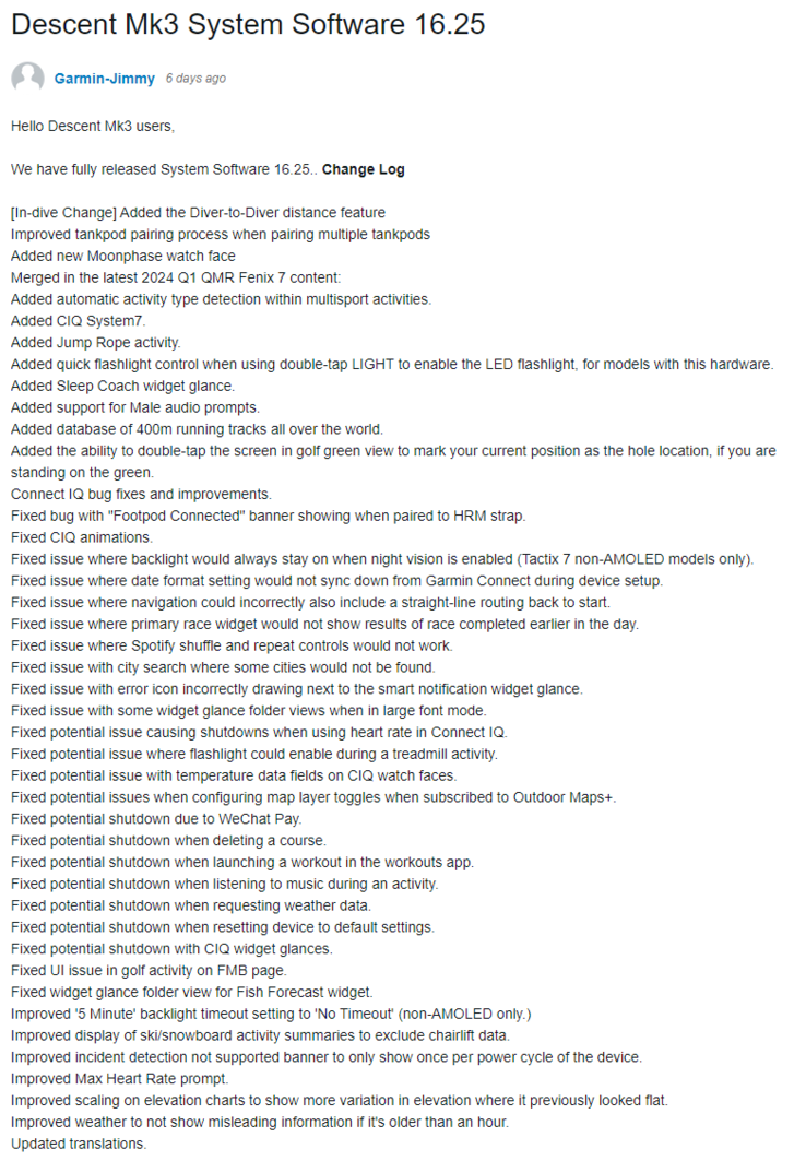 Il changelog del software di sistema Descent Mk3 16.25. (Fonte: Garmin)