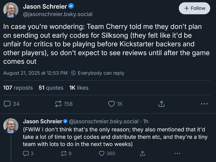 Jason Schreier Hollow Knight: Aggiornamento delle recensioni di Silksong (Fonte immagine: screenshot, account Bluesky di Jason Schreier)