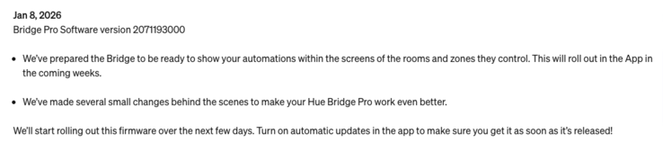 Il registro delle modifiche dell'ultimo aggiornamento software per i dispositivi Philips Hue Bridge. (Fonte: Philips Hue)