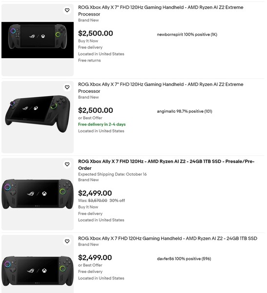 Prezzi Asus ROG Xbox Ally X su eBay (Fonte immagine: screenshot, eBay)