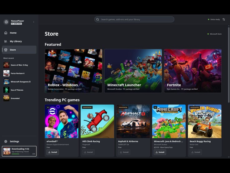 La pagina del negozio è progettata per consentire agli utenti di Steam Deck di scaricare giochi dal Microsoft Store e da PC Game Pass. (Nell'immagine: uno screenshot del launcher Xodus Nexus.)