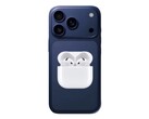 Rendering non ufficiale di iPhone 17 Pro con AirPods 4. (Fonte immagine: @Skyfops su X e Apple, modificato)