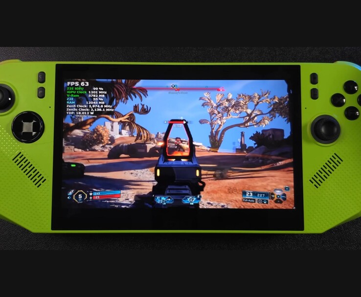 Borderlands 4 in esecuzione sul palmare MSI Claw 8 AI con AMD Ryzen Z2 Extreme, mostra il contatore di FPS sullo schermo e l'overlay delle prestazioni durante il gameplay (ETA PRIME via YouTube)