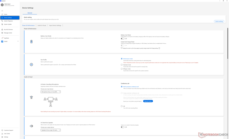 Notare il testo in rosso che suggerisce all'utente di collegarsi alla rete elettrica se imposta il sistema in modalità Performance