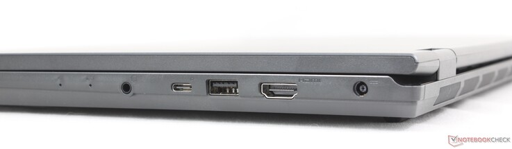 A destra: cuffie da 3,5 mm, USB-C 3.2 Gen. 2 con DisplayPort + Power Delivery, USB-A 3.2 Gen. 1, HDMI 2.1, adattatore CA