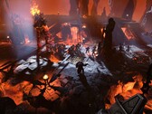 Un'immagine che mostra una battaglia contro un gigante del fuoco in Age of Wonders 4.