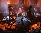 Un'immagine che mostra una battaglia contro un gigante del fuoco in Age of Wonders 4.
