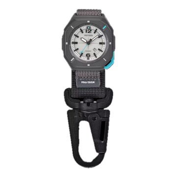 Il Casio PRJ-01AE-8 fissato a un laccio con moschettone