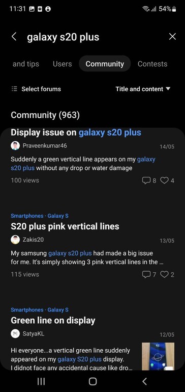 Utenti che si lamentano dei problemi di visualizzazione di Galaxy S20 Plus su Samsung Members (immagine via own)