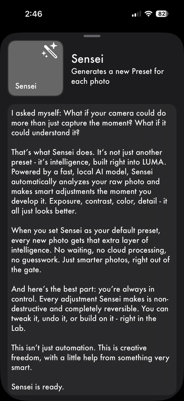 Per quanto riguarda i preset, può scegliere tra il preset "Sensei", basato sull'intelligenza artificiale di Luma, che sceglie le regolazioni in base al soggetto dell'immagine...