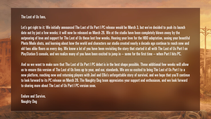 Dichiarazione di Naughty Dog sulla versione PC di The Last of Us Part 1 (immagine da Naughty Dog)